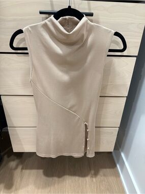 SHEIN Cream Ribbed Sleeveless Mock Neck Top with Side Button Detail